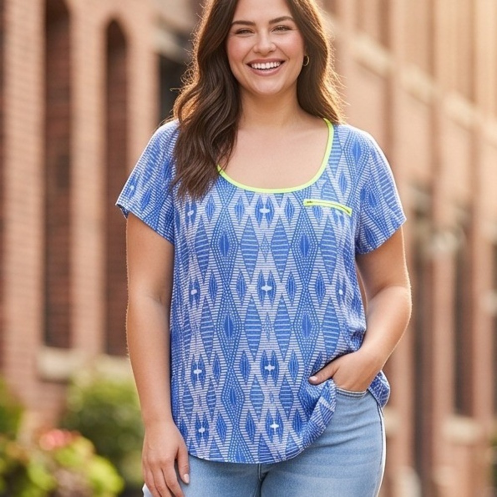 Torrid 2 Blue White Ikat Print Cutout Top Plus Size 2X‎ Neon Trim Boho Festival